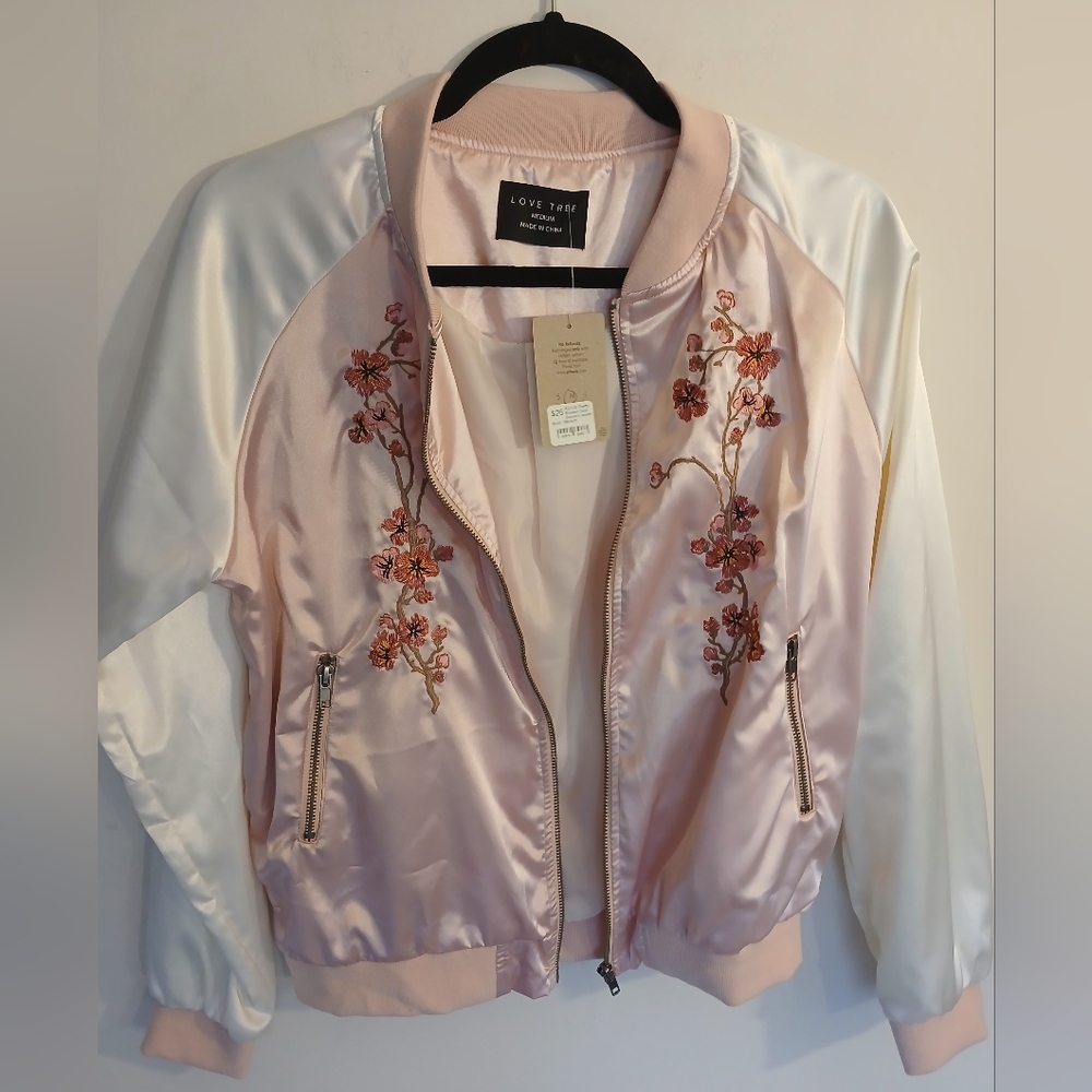 Love Tree Pink and White Embroidered Bomber Jacket